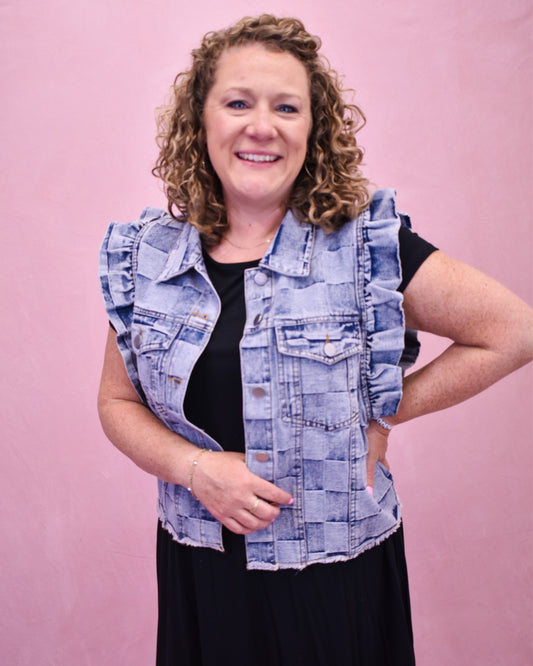 Cheerful Energy Gingham Denim Vest