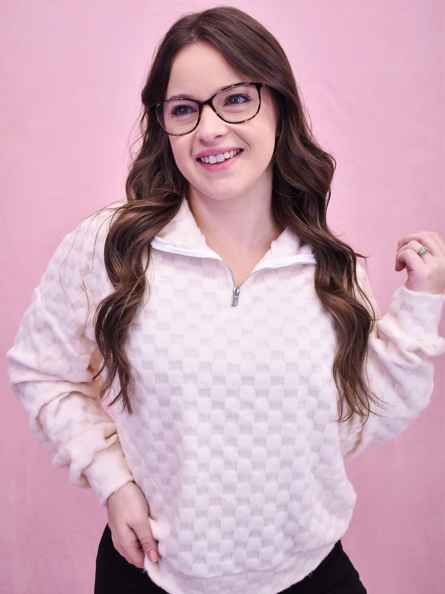 Casual Moment Fuzzy Checkered Half Zip Pullover