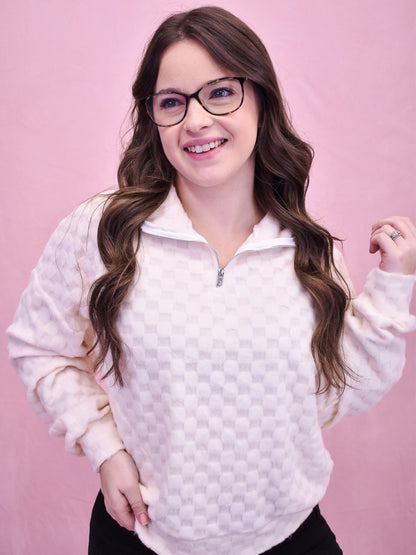 Casual Moment Fuzzy Checkered Half Zip Pullover