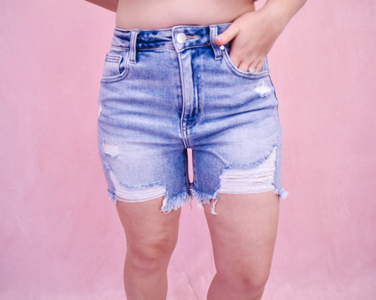 RISEN Distressed Mid Thigh Denim Shorts