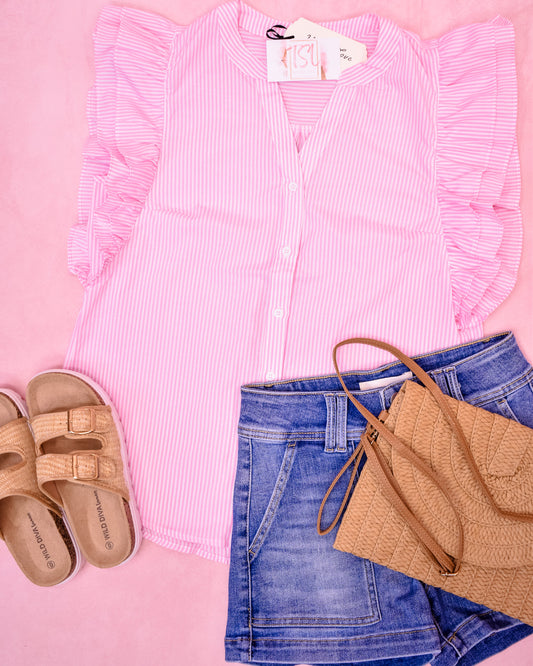 Sweet Aura Striped And Ruffle Cap Sleeve Top