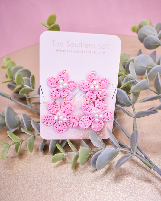 Linked Flower With Pearl Accent Drop Earrings