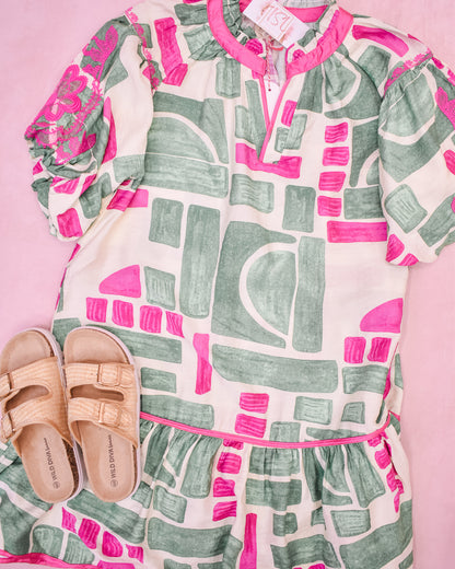 Garden Girl Abstract Print Puff sleeve Babydoll Dress