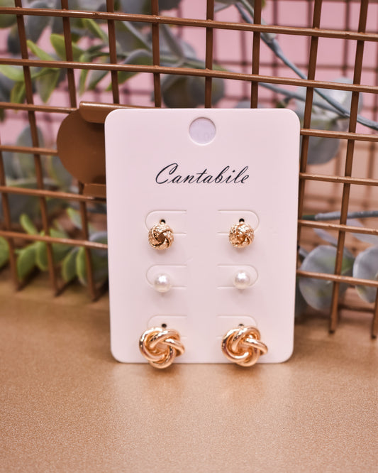 Knotted Metal & Pearl Stud Earrings Set