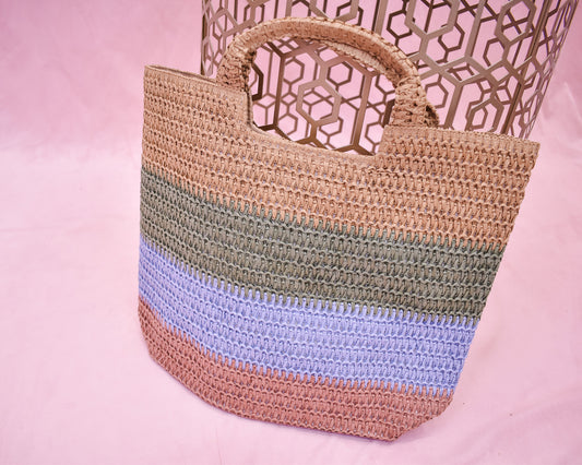 Woven Color Block Straw Tote Bag