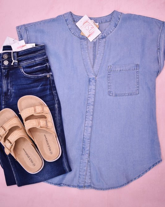 Simple Life Back Button Chambray Top
