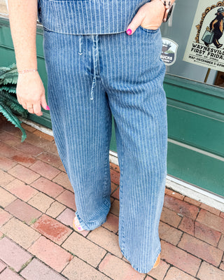 High waisted striped wide leg jeans with tie front