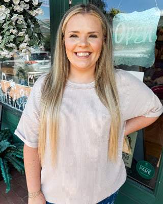 a short sleeve ribbed knit top in ash mocha with front pocket