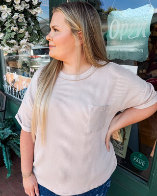 a short sleeve ribbed knit top in ash mocha with front pocket