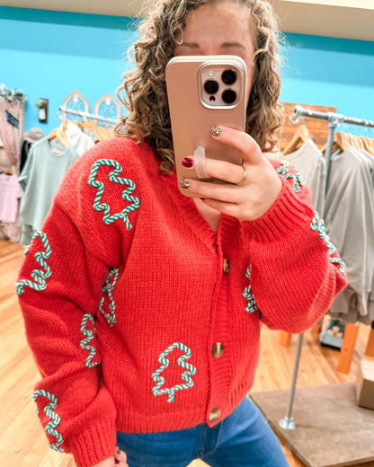 Person wearing a red sweater with green patterns in a clothing store.