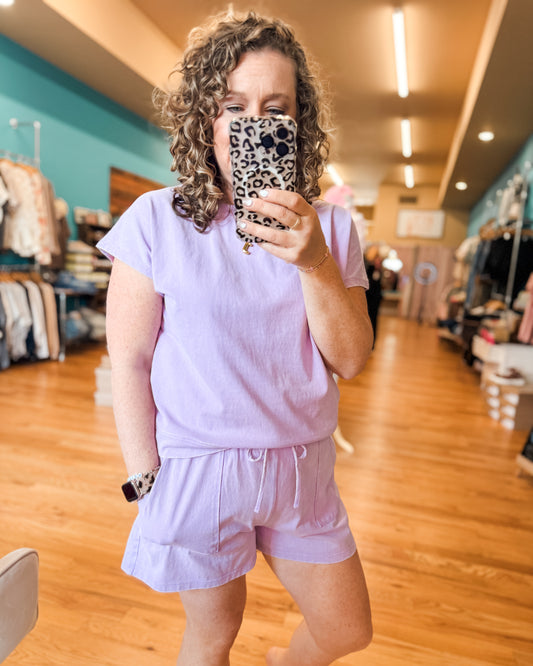 lavender shorts set with cap short sleeve and drawstring shorts with pockets