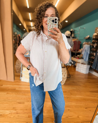 Short sleeve striped button down top with scalloped sleeves
