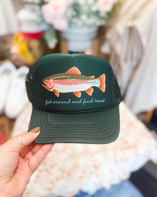 a mesh trucker snapback trucker hat with fish around and find trout printed on the front