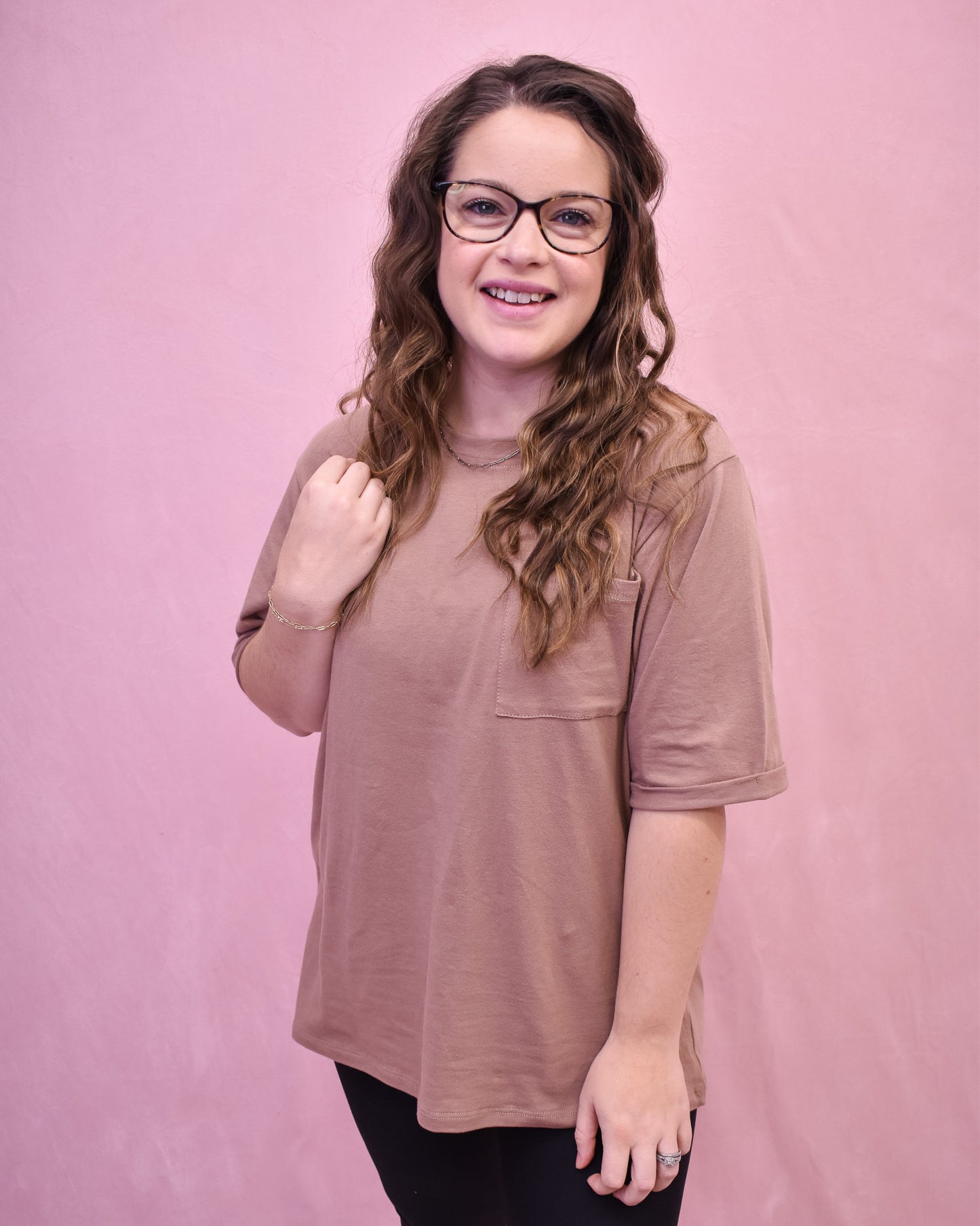 Brown basic style top mid length with front chest pocket