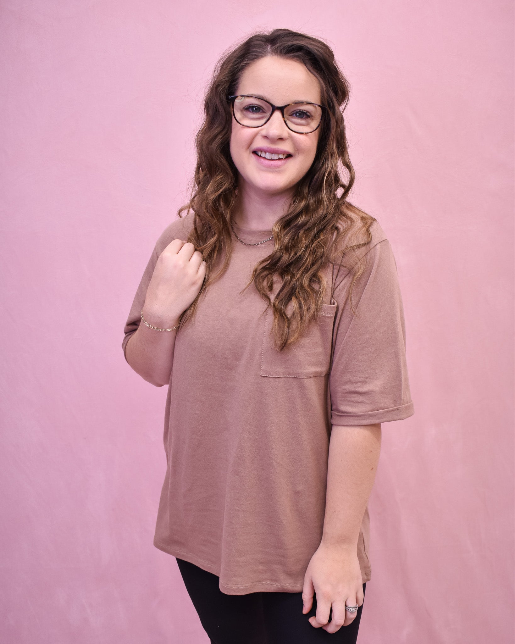 Brown basic style top mid length with front chest pocket