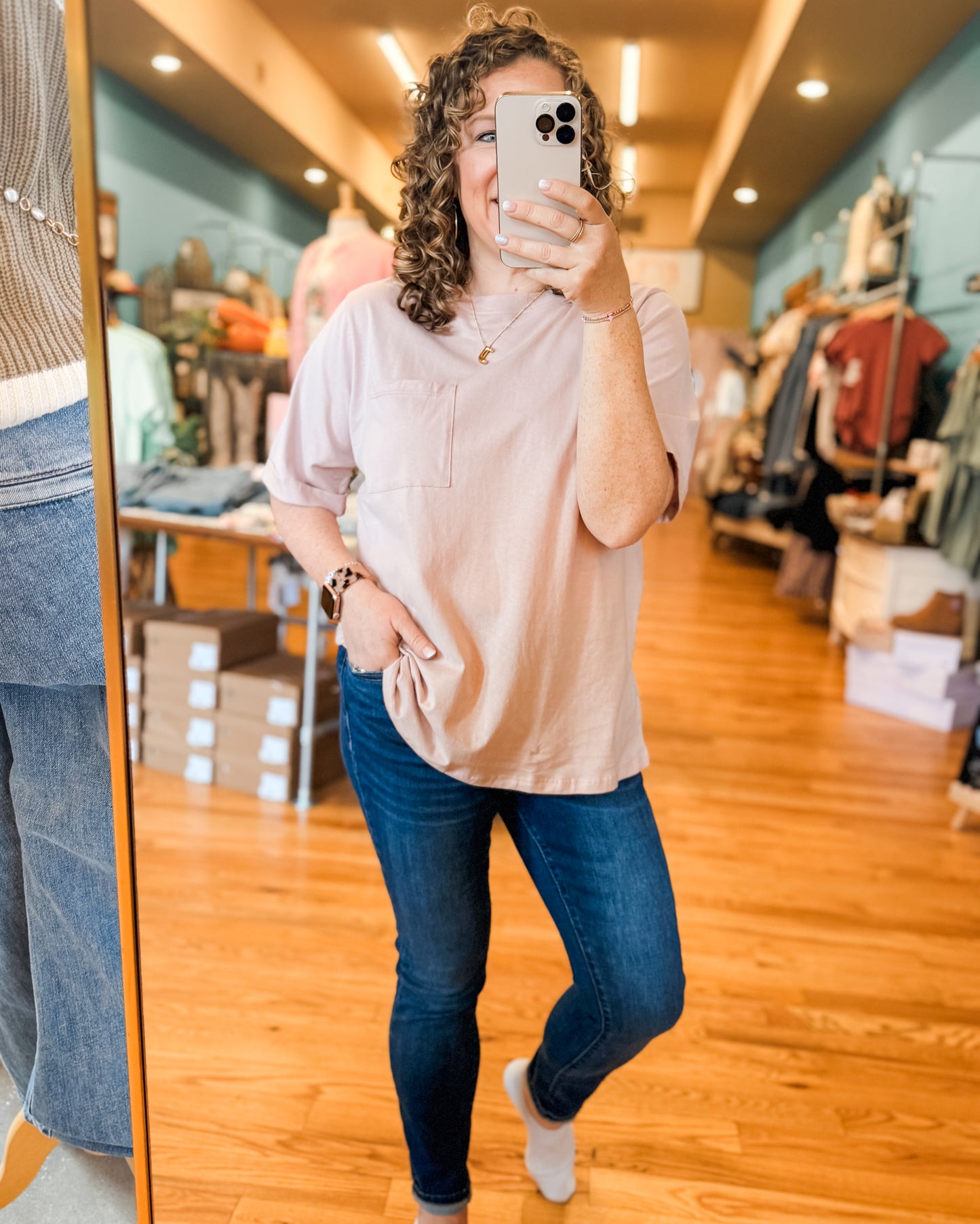 Basic oversized boyfriend style top with front pocket in a light blush