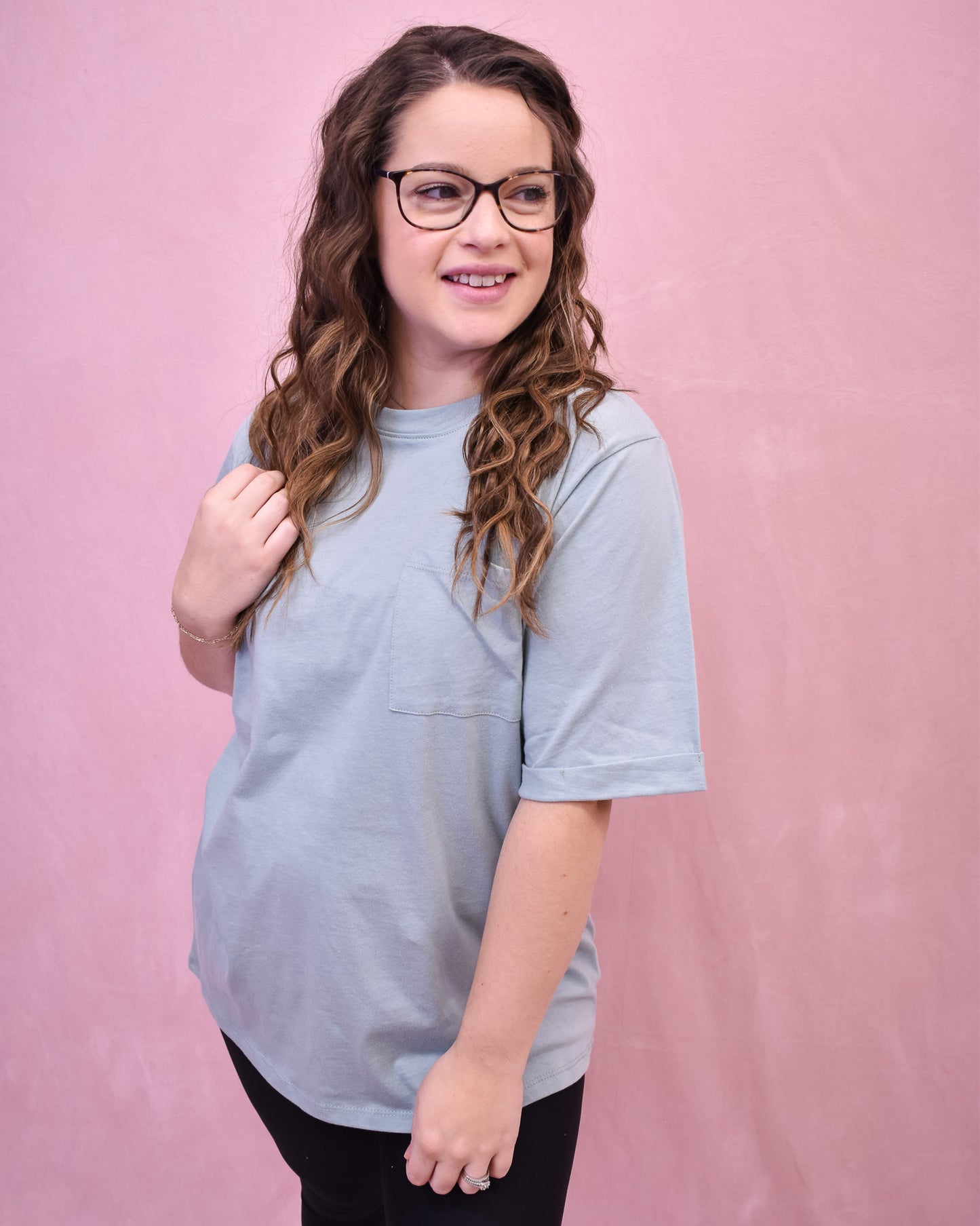 short sleeve teal colored top oversize fit with chest pocket