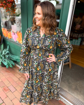 Gathered in Grace Floral Smocked Waist Midi Dress in a black floral mix color