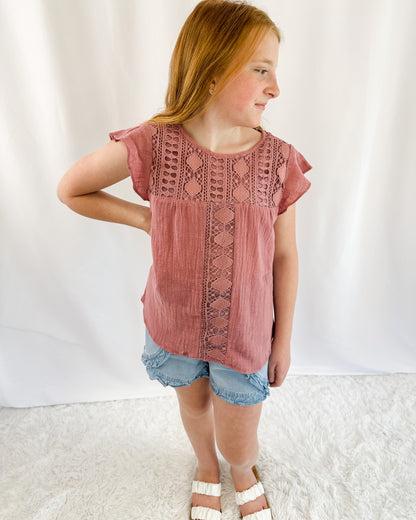 Girl's Crochet Flutter Sleeve Top