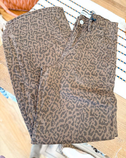 High Rise Wide Leg Cargo Leopard Denim