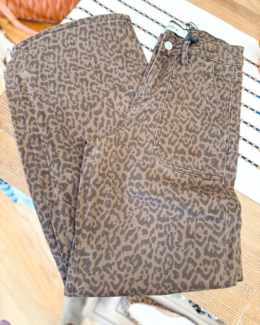 High Rise Wide Leg Cargo Leopard Denim