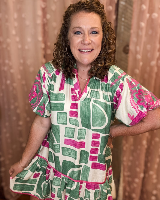 Garden Girl Abstract Print Puff sleeve Babydoll Dress