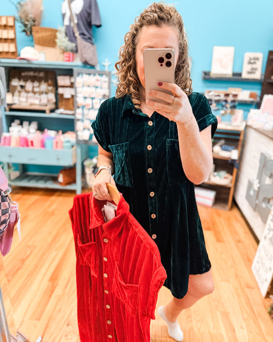 Holly Velvet Pleat Button Down Mini Dress