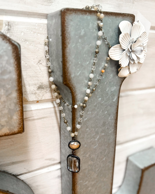 Double Layered Mixed Glass Bead & Stone Necklace
