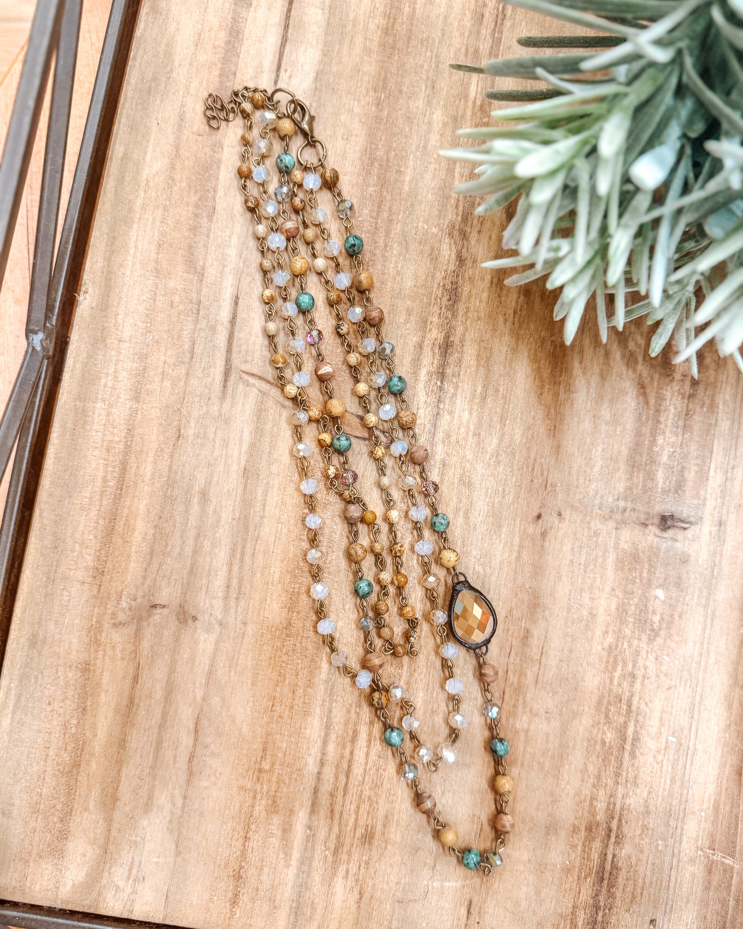 Triple Layer Mixed Glass Bead & Stone Necklace