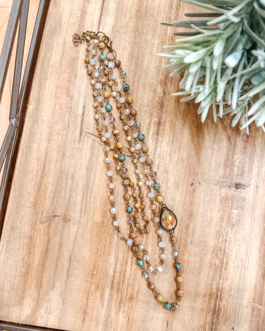 Triple Layer Mixed Glass Bead & Stone Necklace