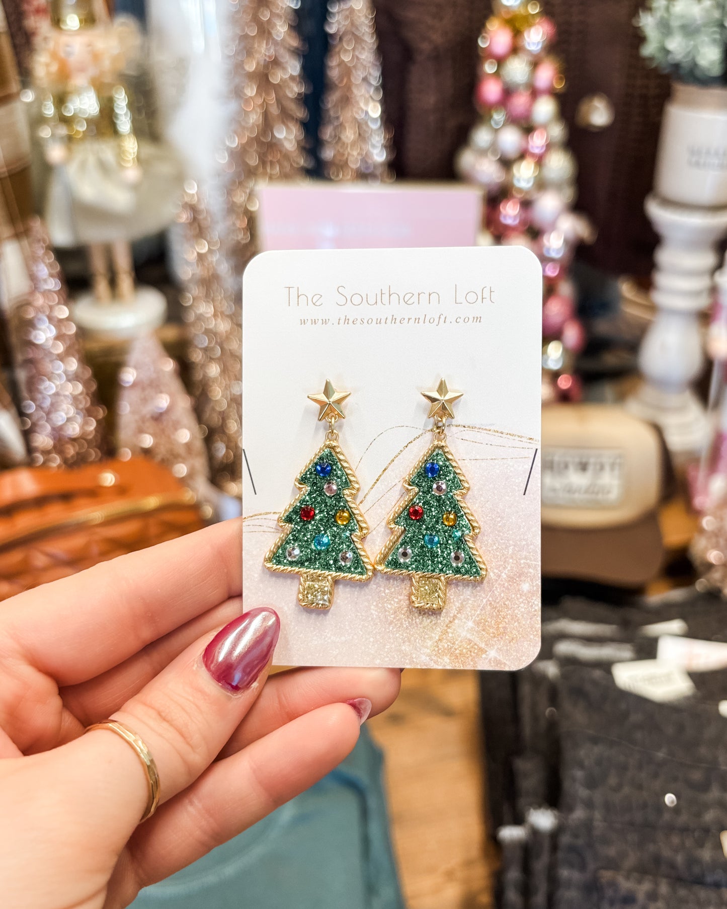 Glitter Christmas Tree Post Drop Earrings