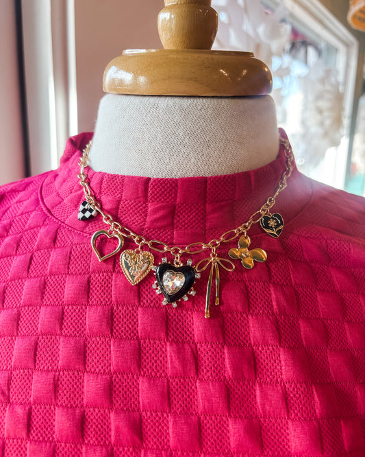 Checker Heart Rhinestone Charm Necklace