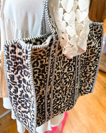 Leopard Print Quilted Large Tote Bag