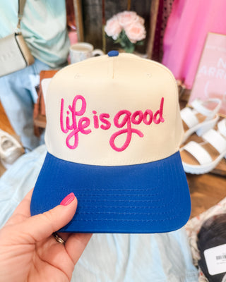 a canvas snapback hat with life is good embroidered