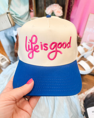 a canvas snapback hat with life is good embroidered