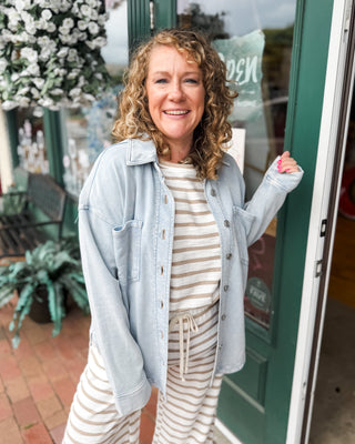 a lightweight chambray cotton summer shacket