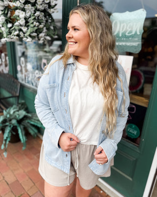 a lightweight chambray cotton summer shacket