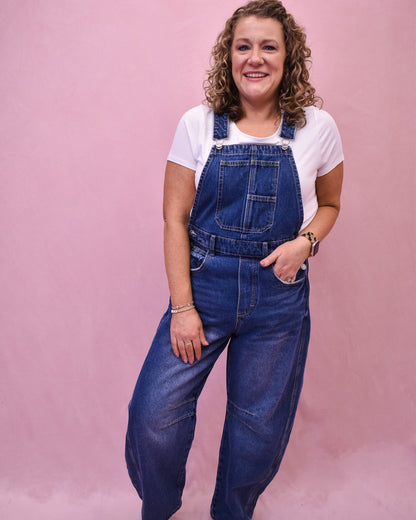 barrel leg denim overalls