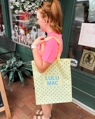 a lulu mac reusable tote bag in butter yellow with blue polka dots