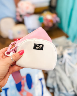 Lulu Mac wristlet pouch in white and pink