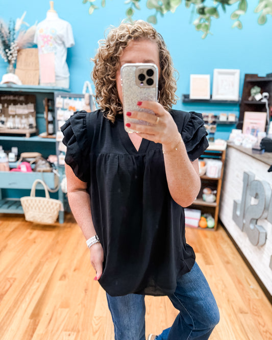 Midnight Frill And Ruffle Sleeve Top