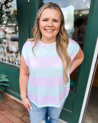 a short sleeve striped color block top in mint and pink
