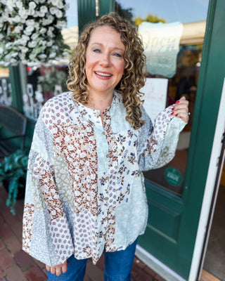 a long puff style sleeve patchwork fall floral button down top