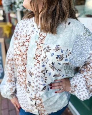 a long puff style sleeve patchwork fall floral button down top
