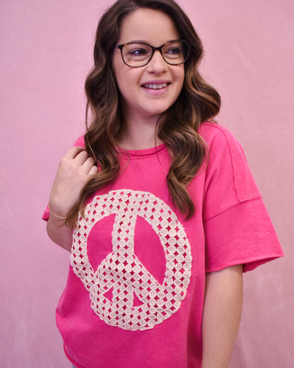 vintage style loose fit tee with vintage lace applique peace sign
