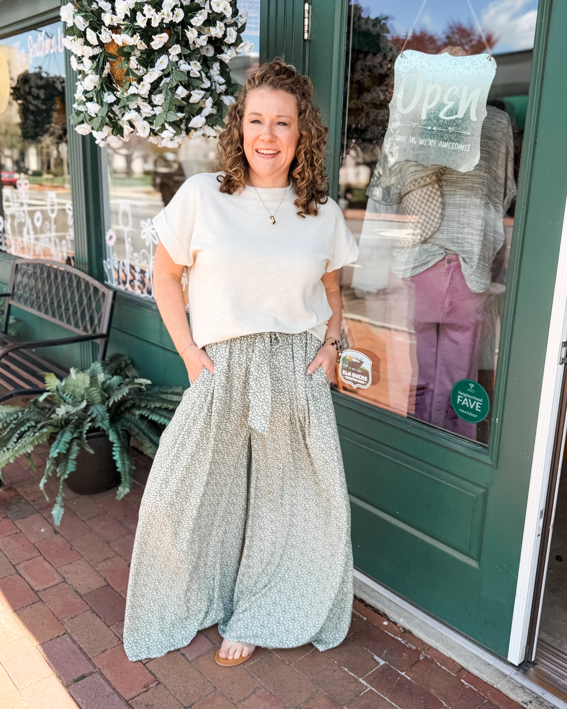 Floral Pants with front tie and side slit in sage green