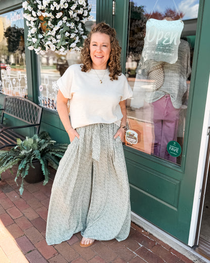 Floral Pants with front tie and side slit in sage green