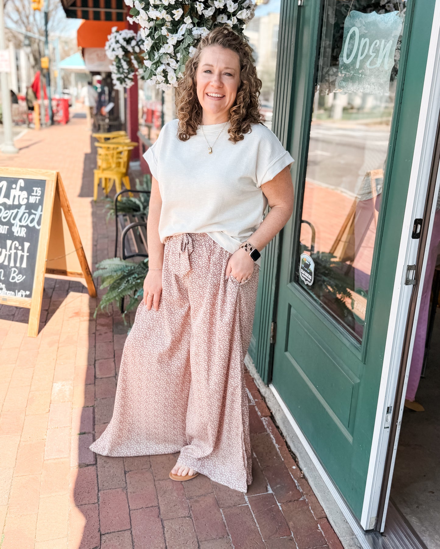 Floral Pants in blush with front waist tie and side leg slits