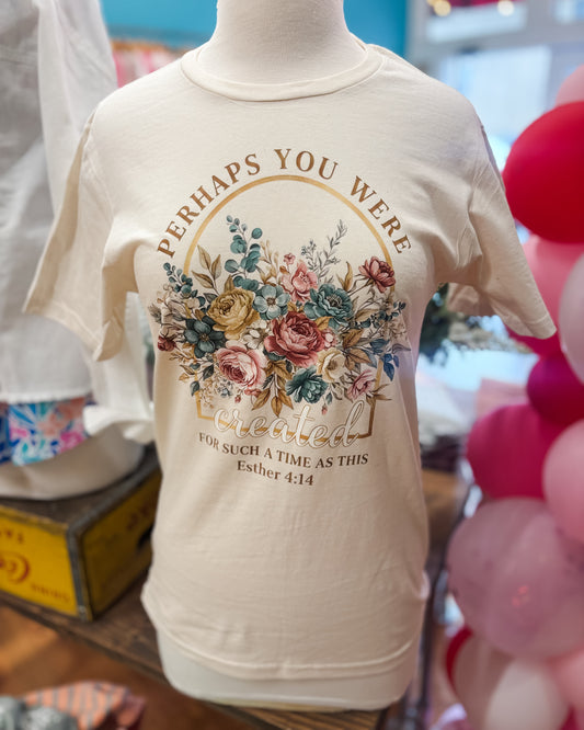 Short sleeve tshirt with floral graphic perhaps you were created bible verse