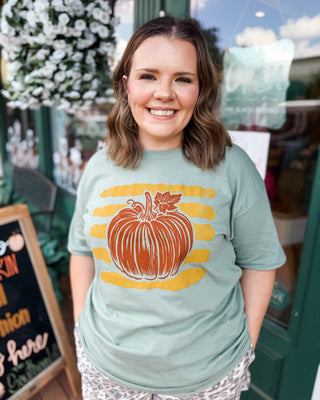 A striped pumpkin sage colored graphic tee